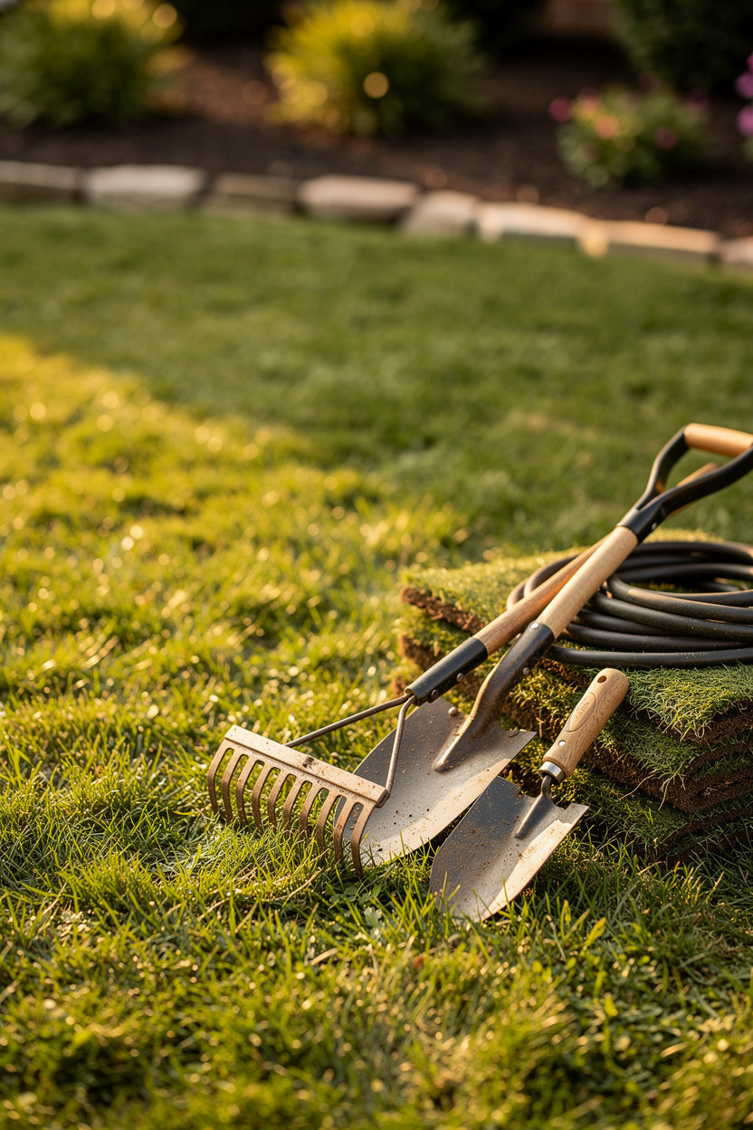 Green Ridge Landscaping garden tools resting on a green Nashville lawn, ready for lawn care and seasonal cleanup