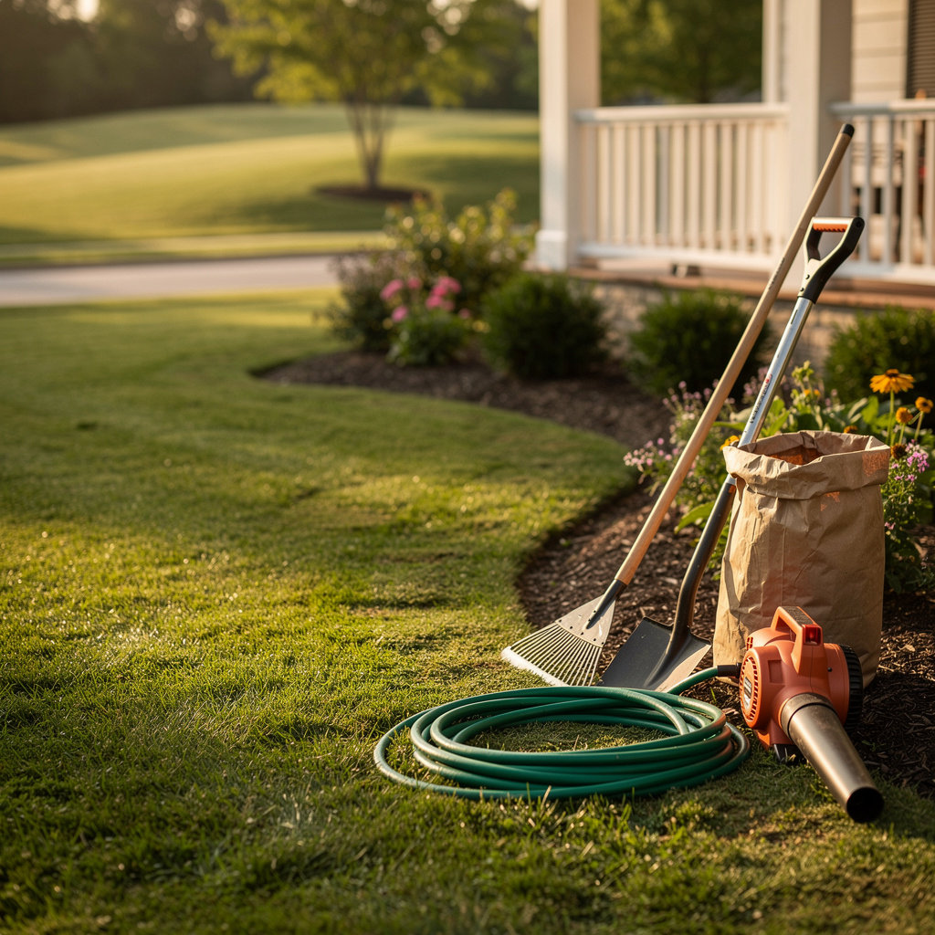 Green Ridge Landscaping well-kept Tennessee lawn with landscaping tools in Nashville, TN
